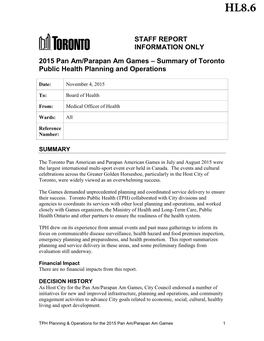 2015 Pan Am/Parapan Am Games – Summary of Toronto Public Health Planning and Operations