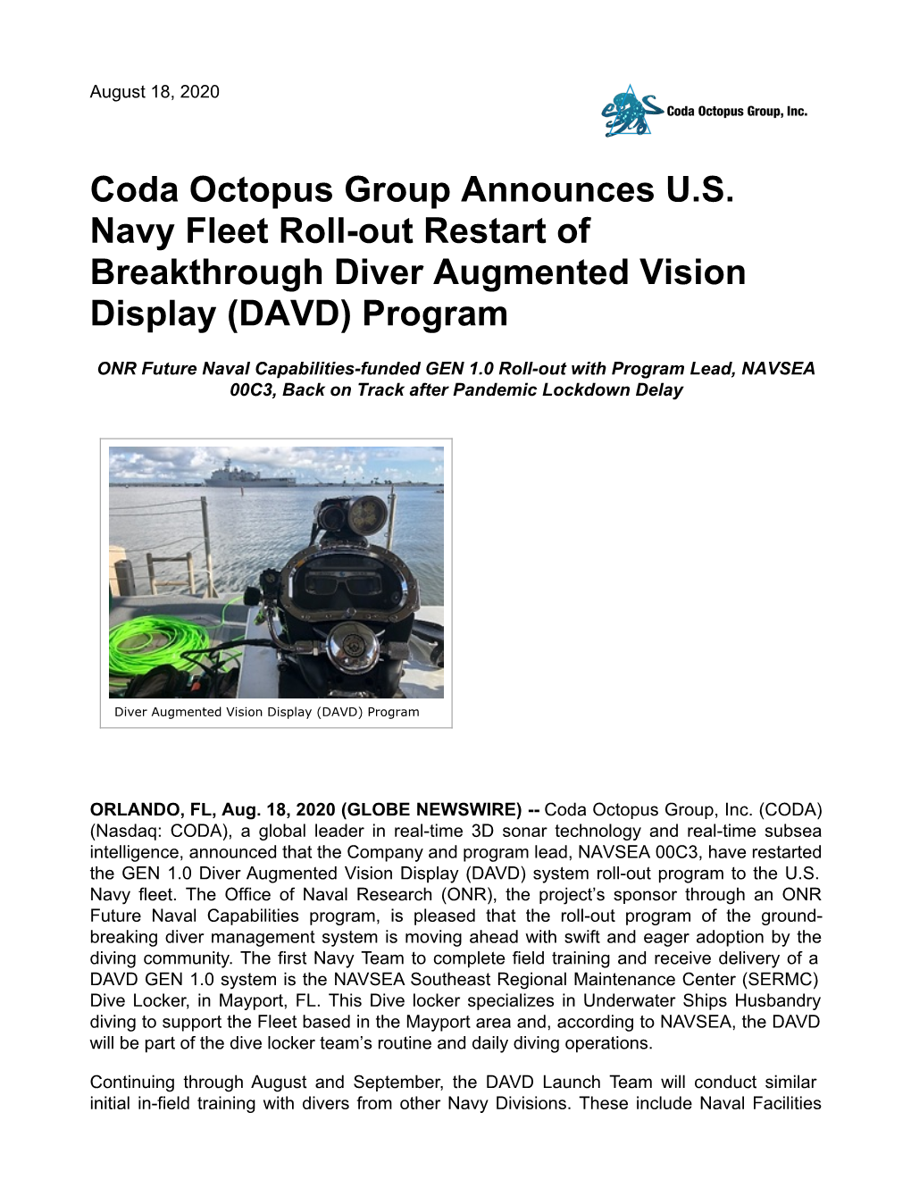 Coda Octopus Group Announces US Navy Fleet Roll-Out Restart of Breakthrough Diver Augmented Vision Display