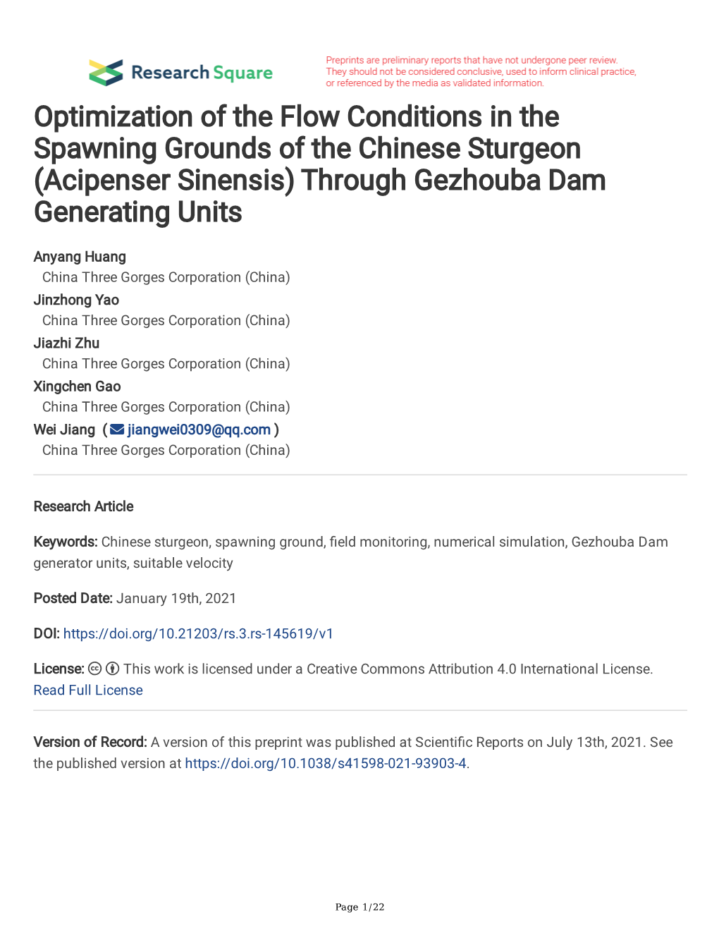 Optimization of the Flow Conditions in the Spawning Grounds of the Chinese Sturgeon (Acipenser Sinensis) Through Gezhouba Dam Generating Units