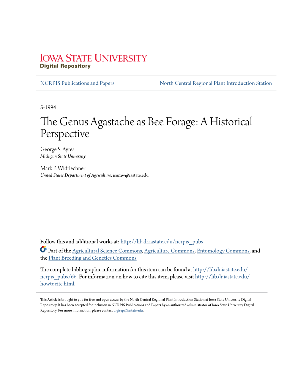 The Genus Agastache As Bee Forage: a Historical Perspective George S