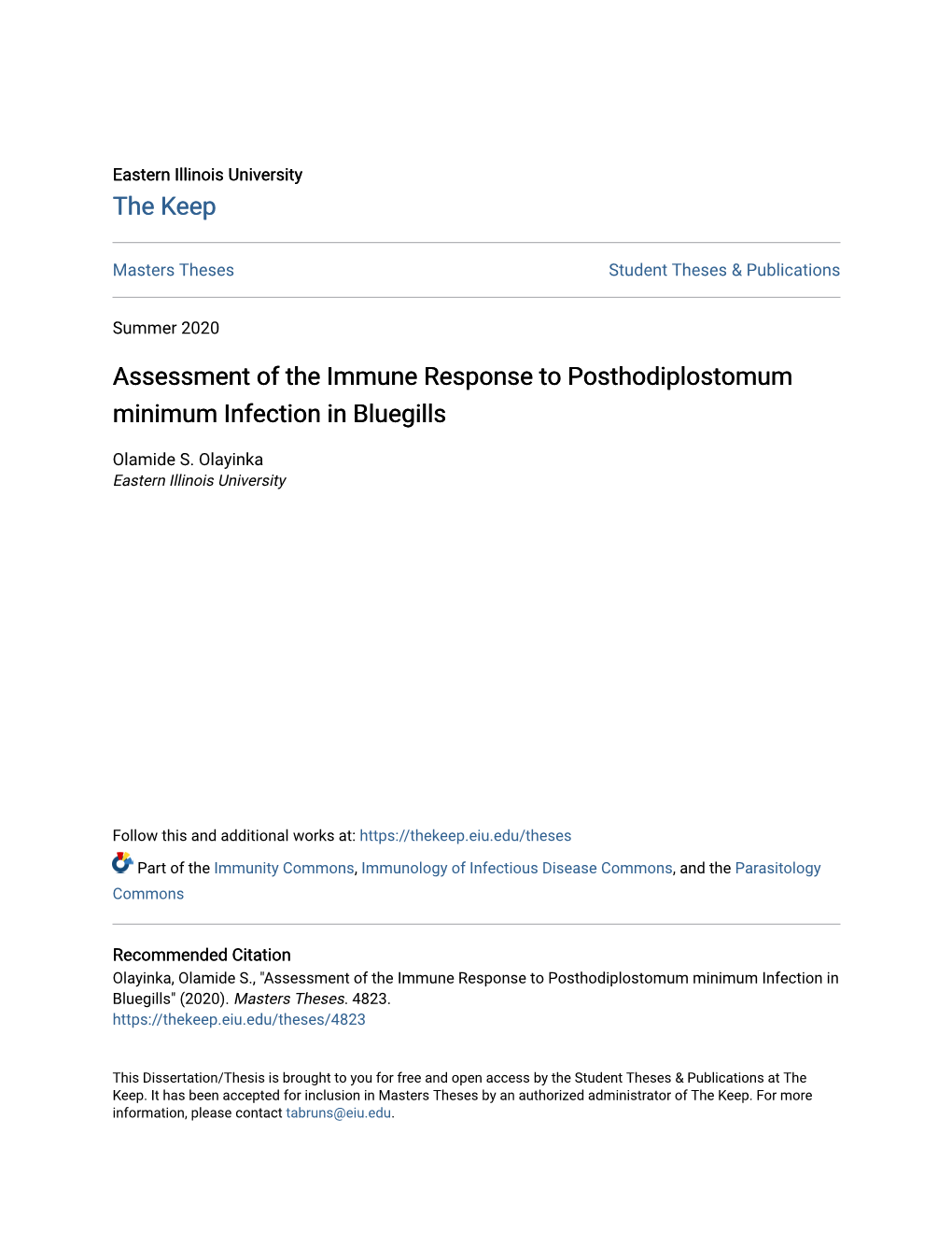 Assessment of the Immune Response to Posthodiplostomum Minimum Infection in Bluegills