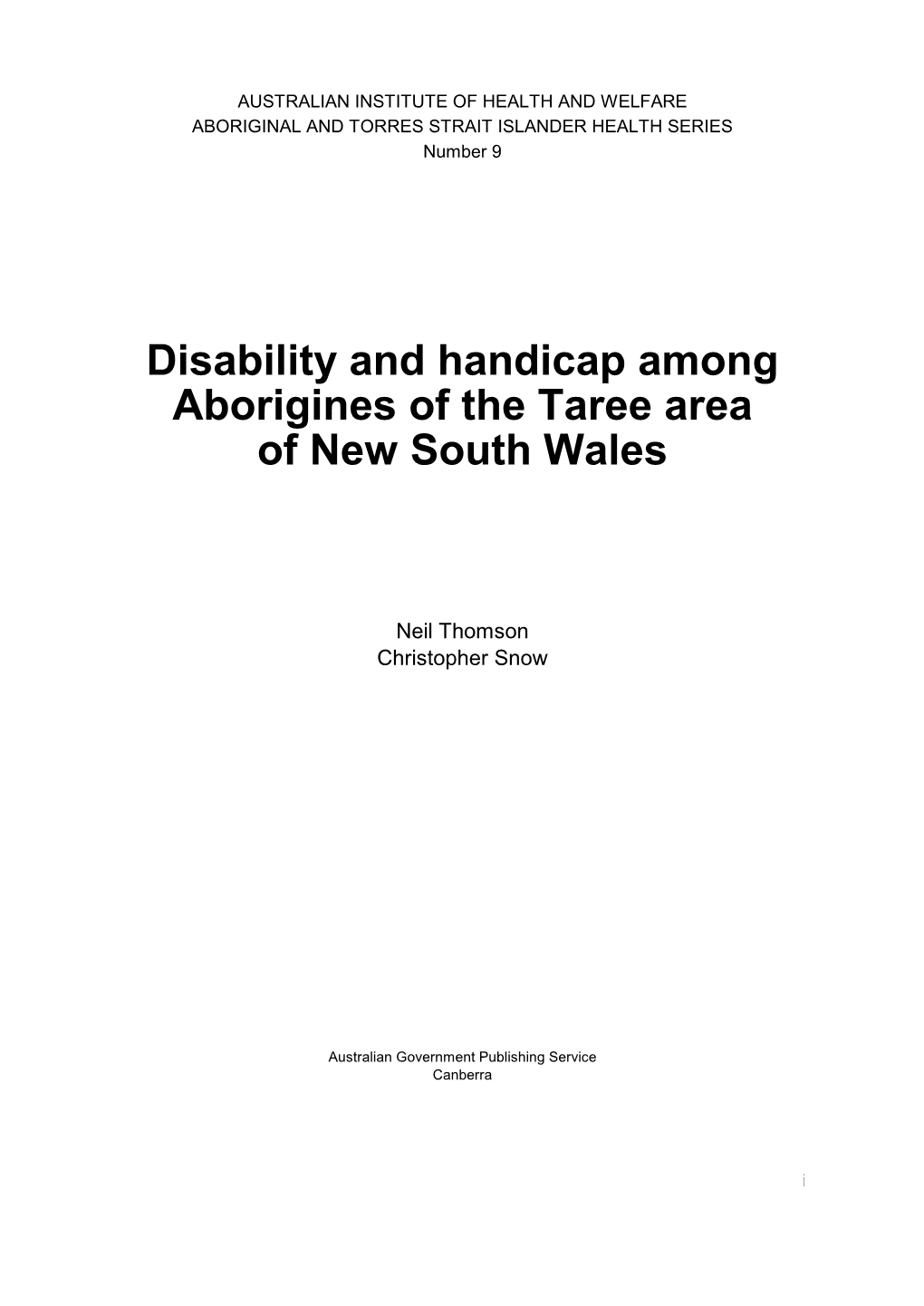 Disability and Handicap Among Aborigines of the Taree Area of New South Wales