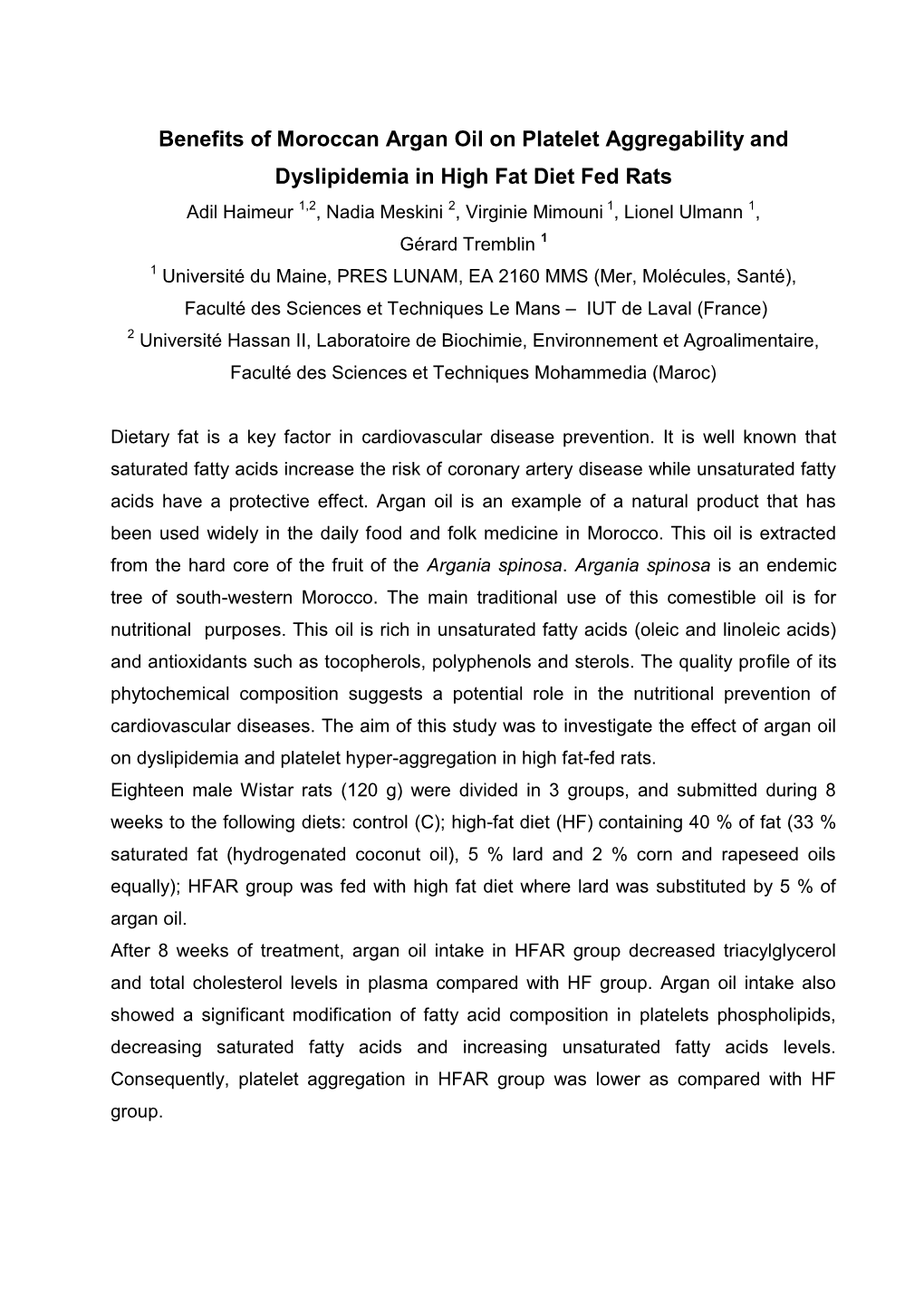 Benefits of Moroccan Argan Oil on Platelet Aggregability And