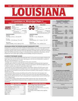 Louisiana Vs. Mississippi State /// OVERALL: -- | SUN BELT: -- August 31 | Mercedes-Benz Superdome | New Orleans, La