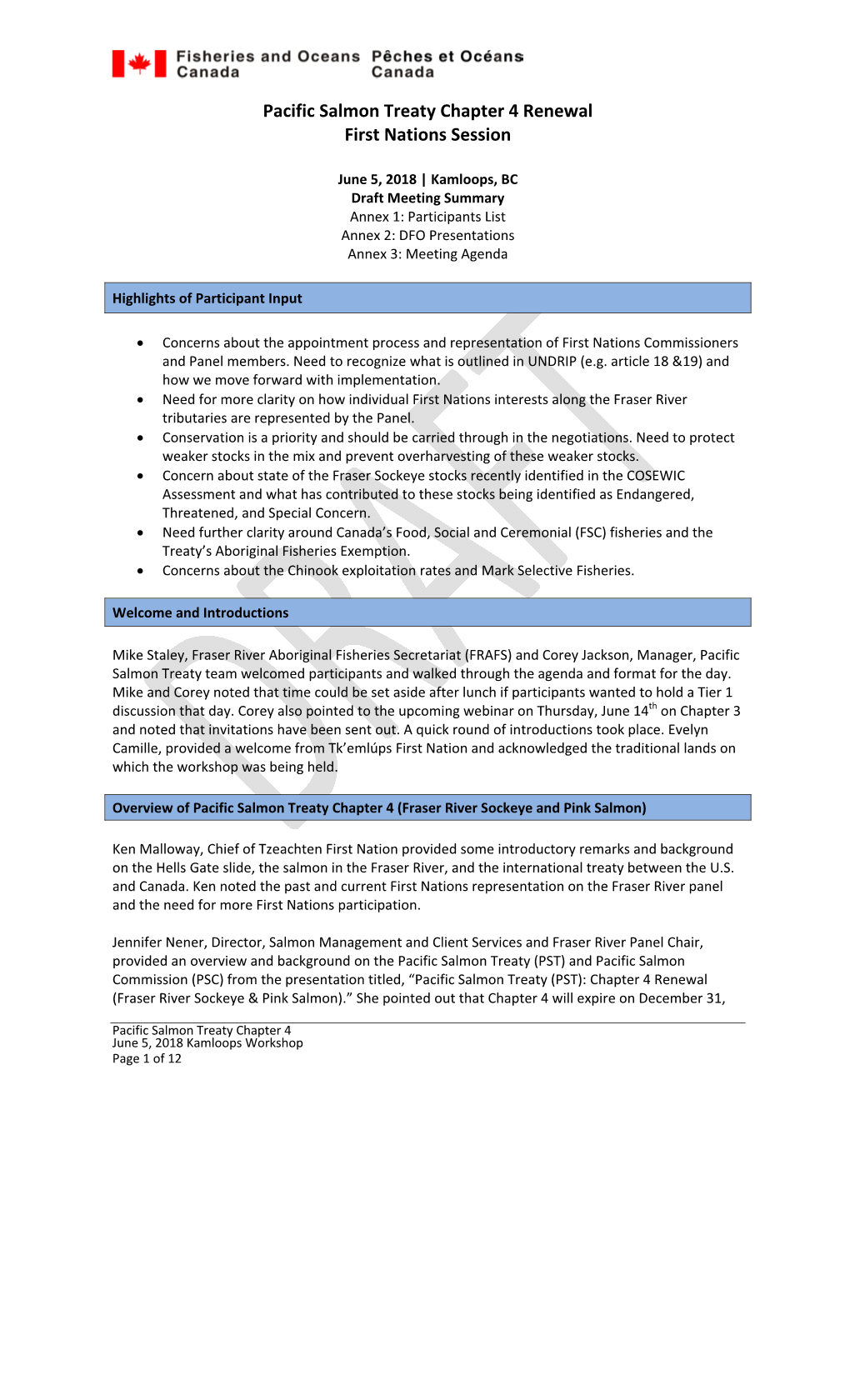 Pacific Salmon Treaty Chapter 4 Renewal Meeting Summary From