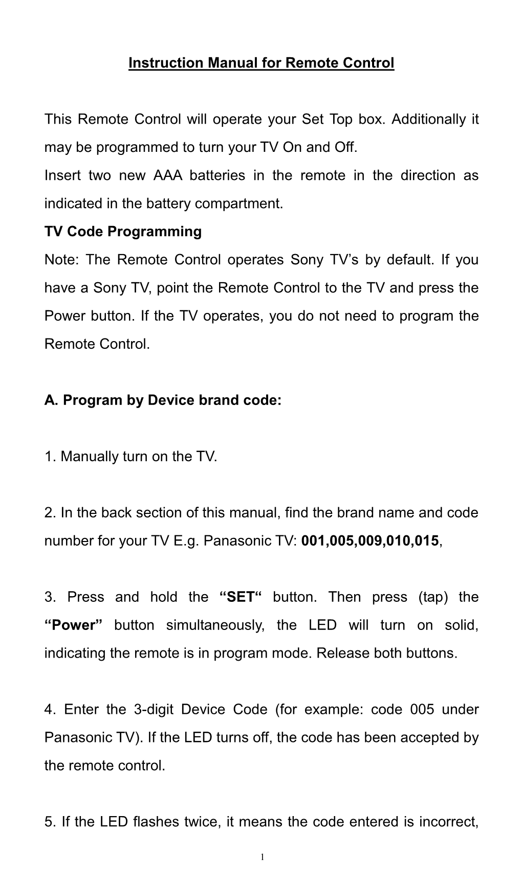 Instruction Manual for Remote Control TV Code Programming A