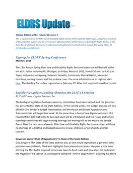 Elder Law & Disability Rights Section: ELDRS Update Winter 2015, Vol. IV