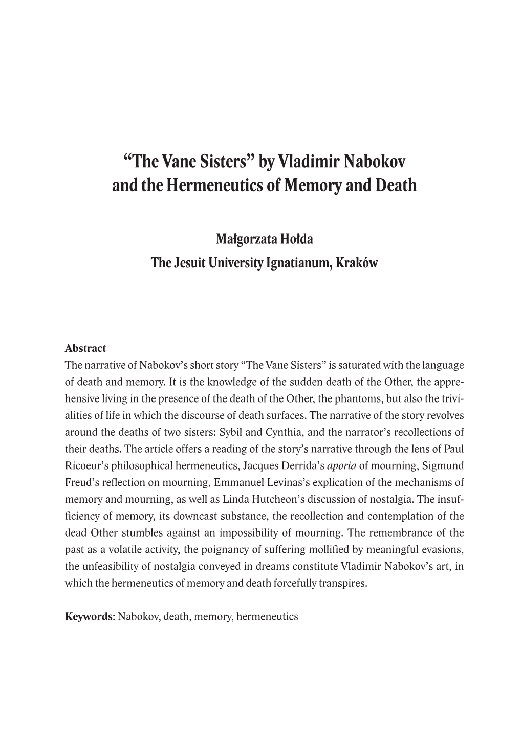 The Vane Sisters” by Vladimir Nabokov and the Hermeneutics of Memory and Death