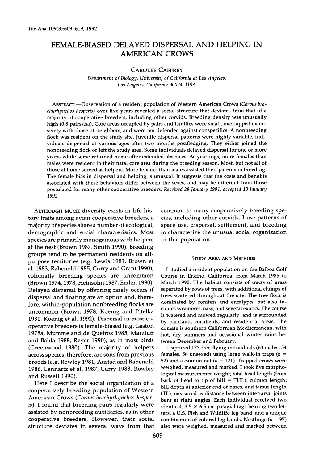 Female-Biased Delayed Dispersal and Helping in American Crows