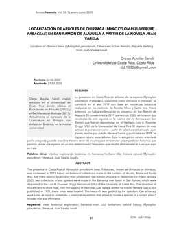 Location of Chirraca Trees (Myroxylon Peruiferum, Fabaceae) in San Ramón, Alajuela Starting from Juan Varela Novel