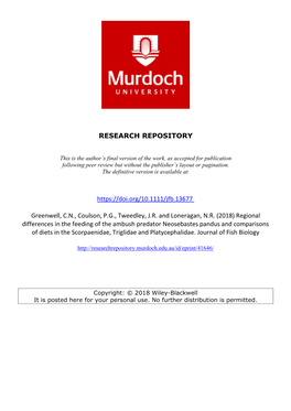 Regional Differences in the Feeding of the Ambush Predator Neosebastes Pandus and Comparisons of Diets in the Scorpaenidae, Triglidae and Platycephalidae