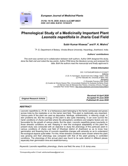 Phenological Study of a Medicinally Important Plant Leonotis Nepetifolia in Jharia Coal Field