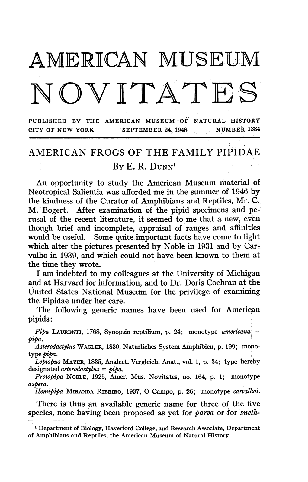 Novitate4s Published by the American Museum of Natural History City of New York September 24, 1948 Number 1384