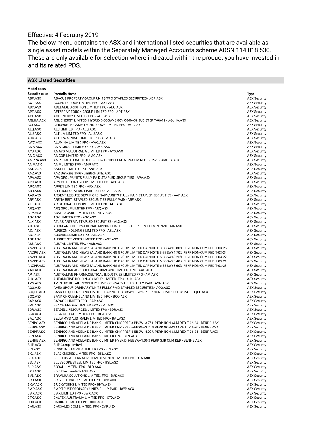 Effective: 4 February 2019 the Below Menu Contains the ASX And