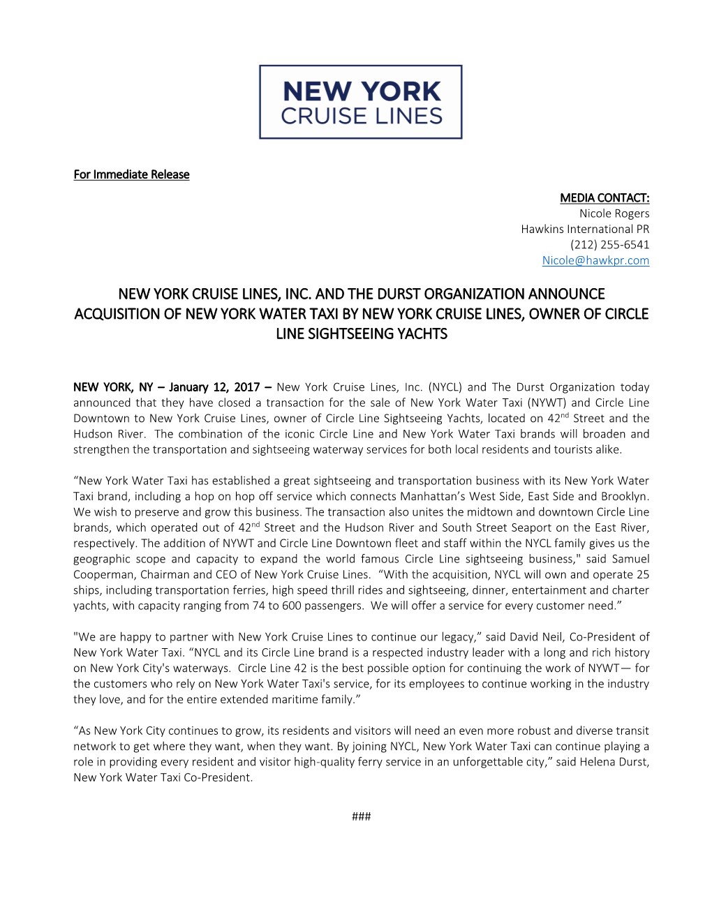 New York Cruise Lines, Inc. and the Durst Organization Announce Acquisition of New York Water Taxi by New York Cruise Lines, Owner of Circle Line Sightseeing Yachts