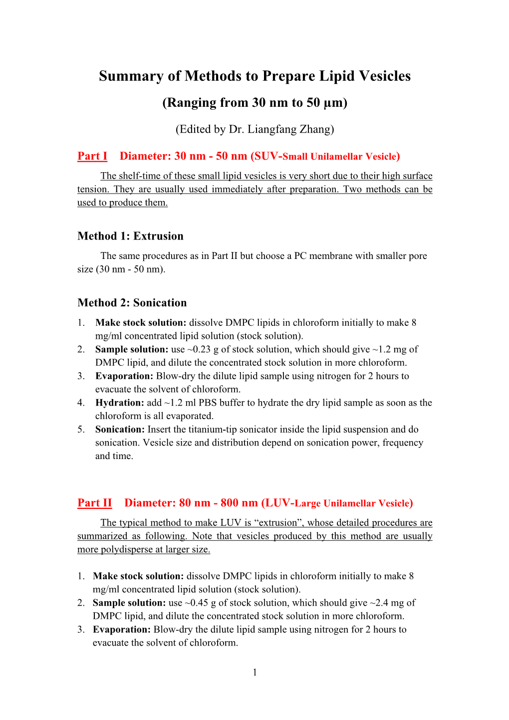 Summary of Methods to Prepare Lipid Vesicles (Ranging from 30 Nm to 50 Μm)