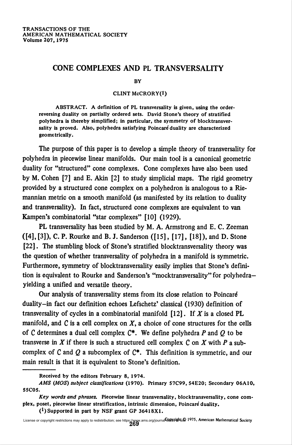 Cone Complexes and Pl Transversality 271