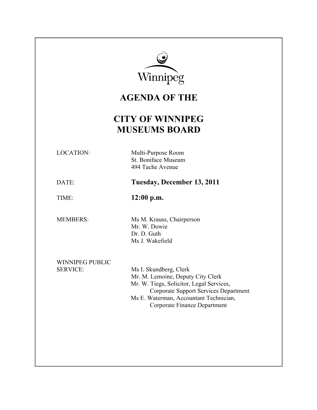 Agenda of the City of Winnipeg Museums Board