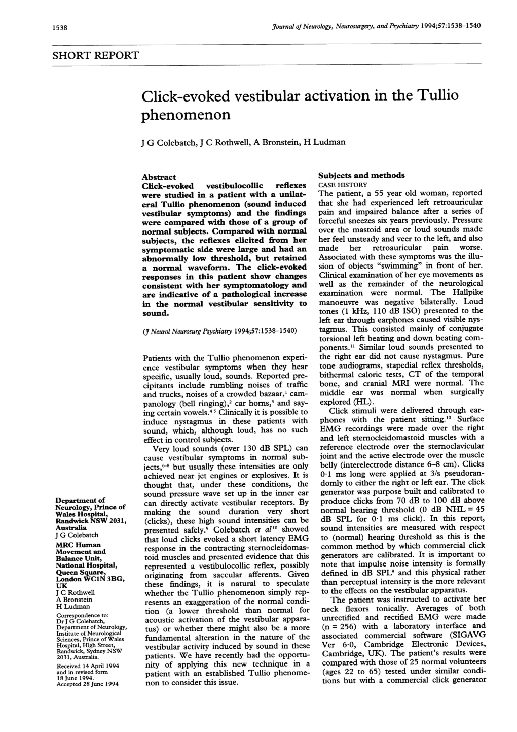 Click-Evoked Vestibular Activation in the Tullio Phenomenon