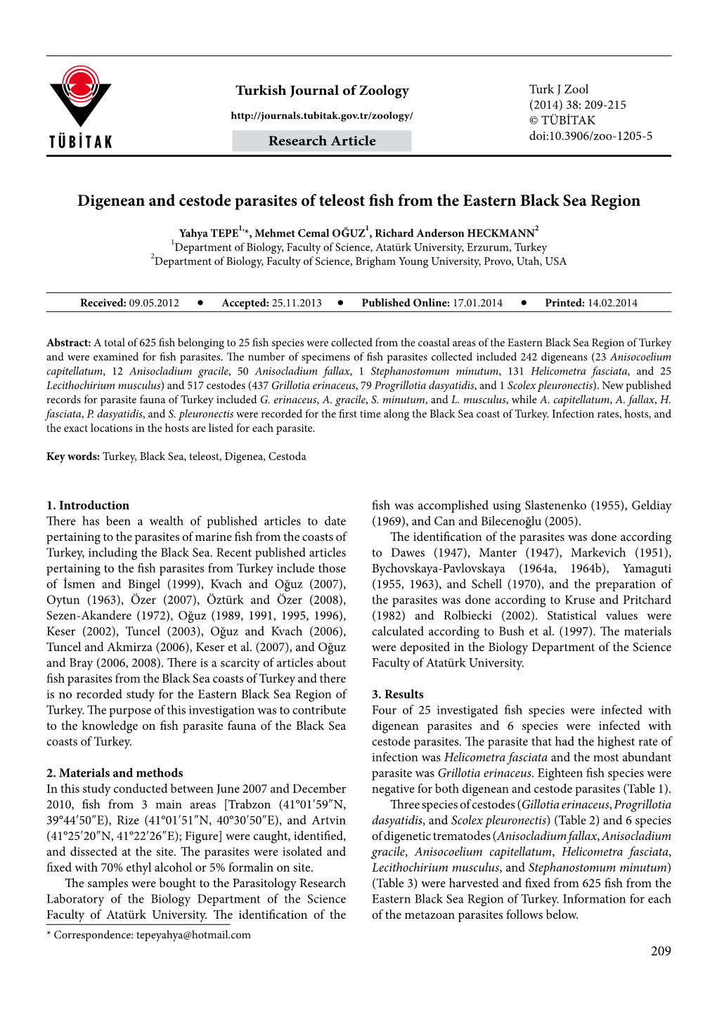 Digenean and Cestode Parasites of Teleost Fish from the Eastern Black Sea Region
