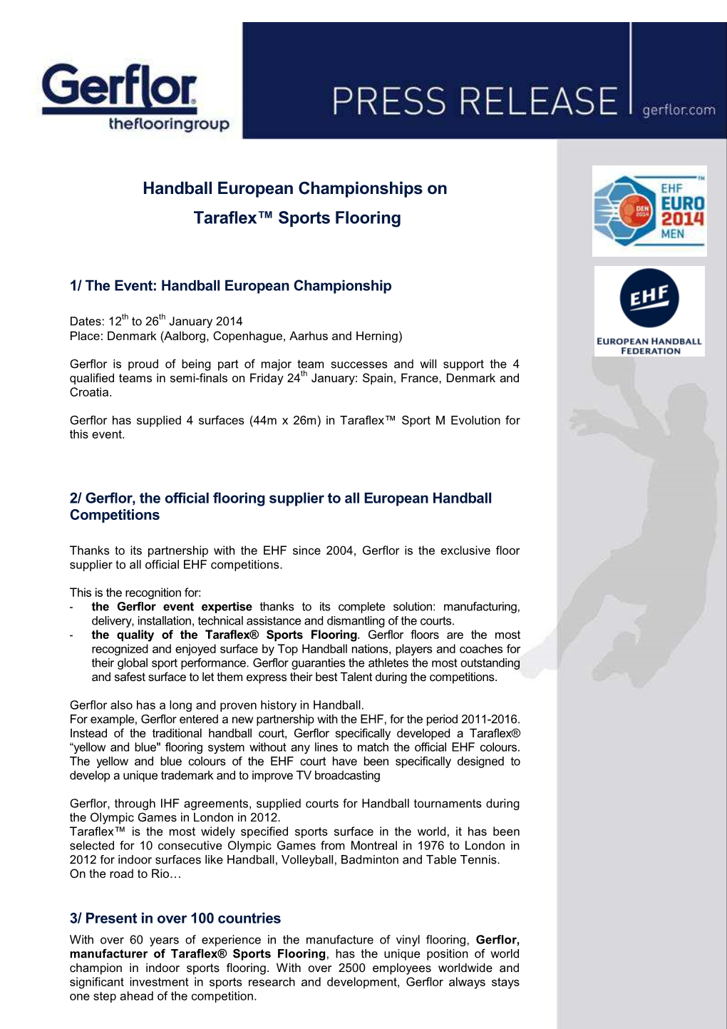 Press Release Handball European Championships EHF Denmark 2014