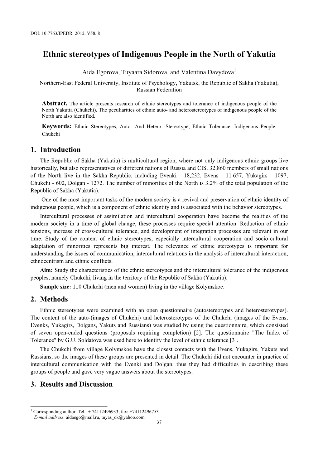 Ethnic Stereotypes of Indigenous People in the North of Yakutia