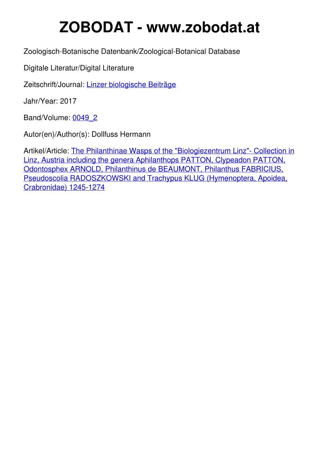 The Philanthinae Wasps of the "Biologiezentrum Linz"- Collection in Linz, Austria Including the Genera Aphilanthops PA