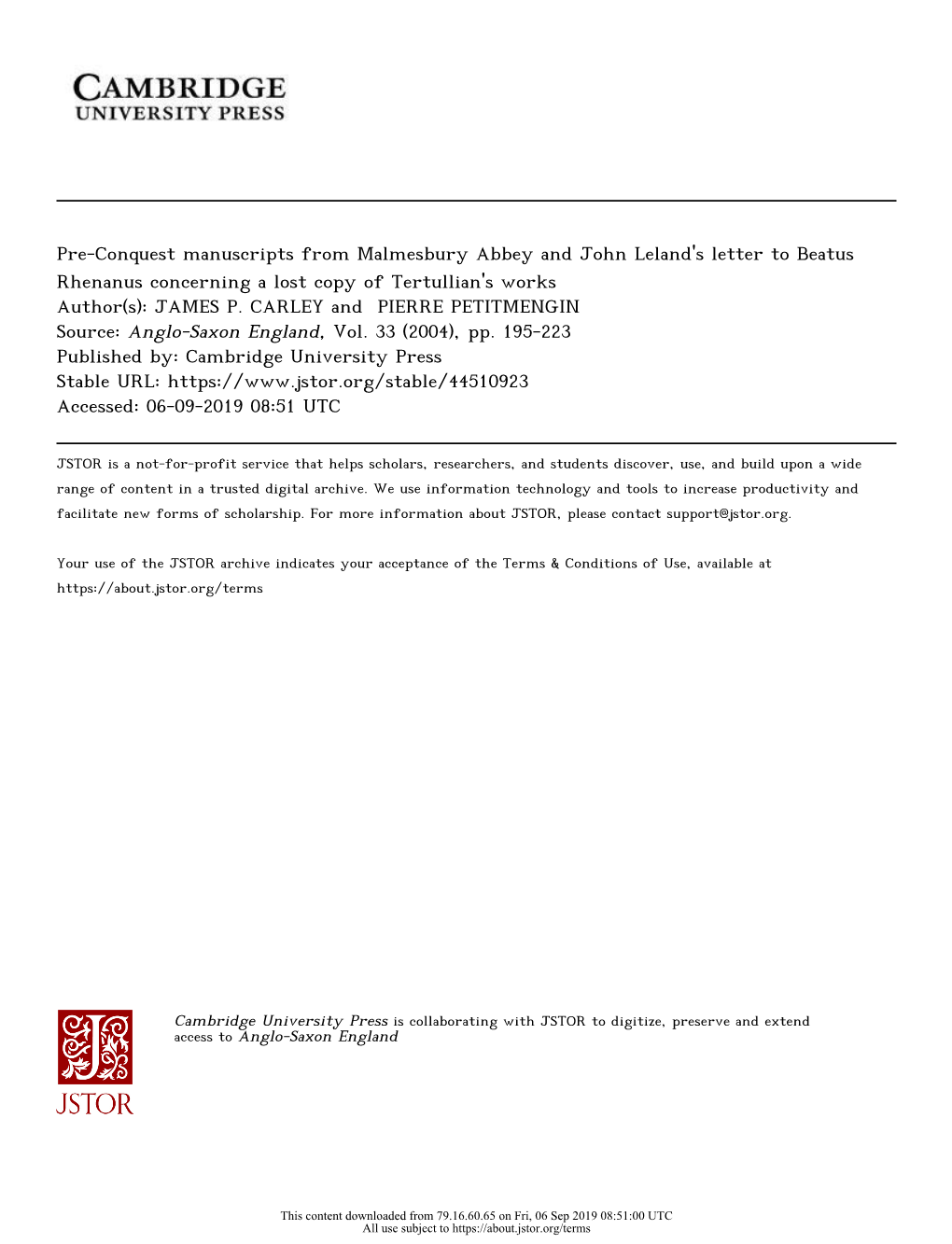 Pre-Conquest Manuscripts from Malmesbury Abbey and John Leland's Letter to Beatus Rhenanus Concerning a Lost Copy of Tertullian's Works Author(S): JAMES P