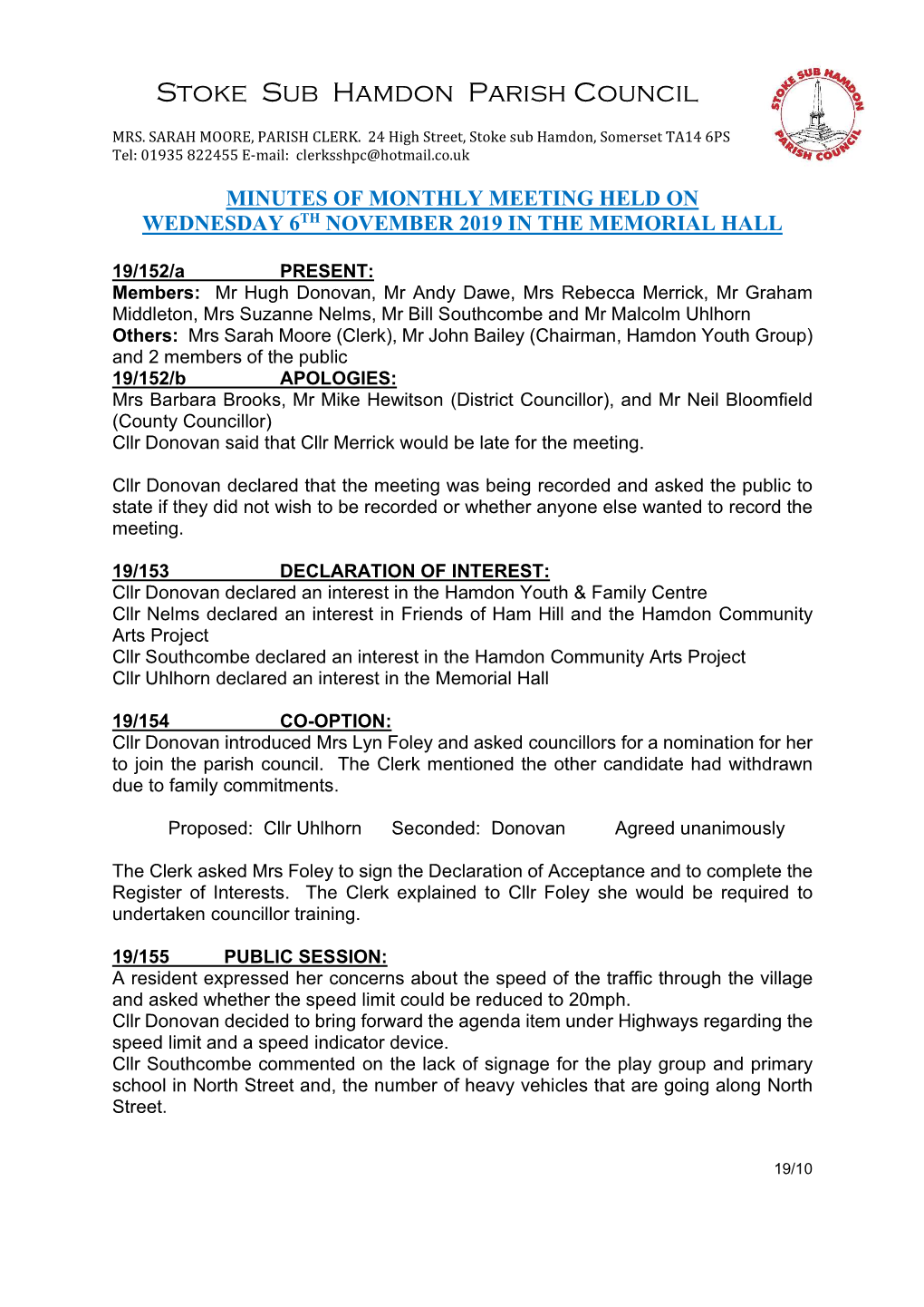 Stoke Sub Hamdon Parish Council Meeting Minutes November 2019