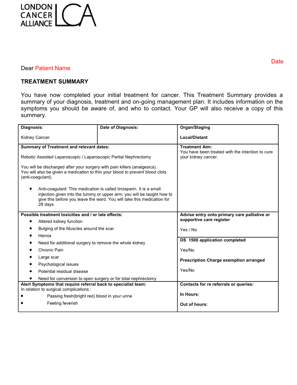 Treatment Record Summary Template