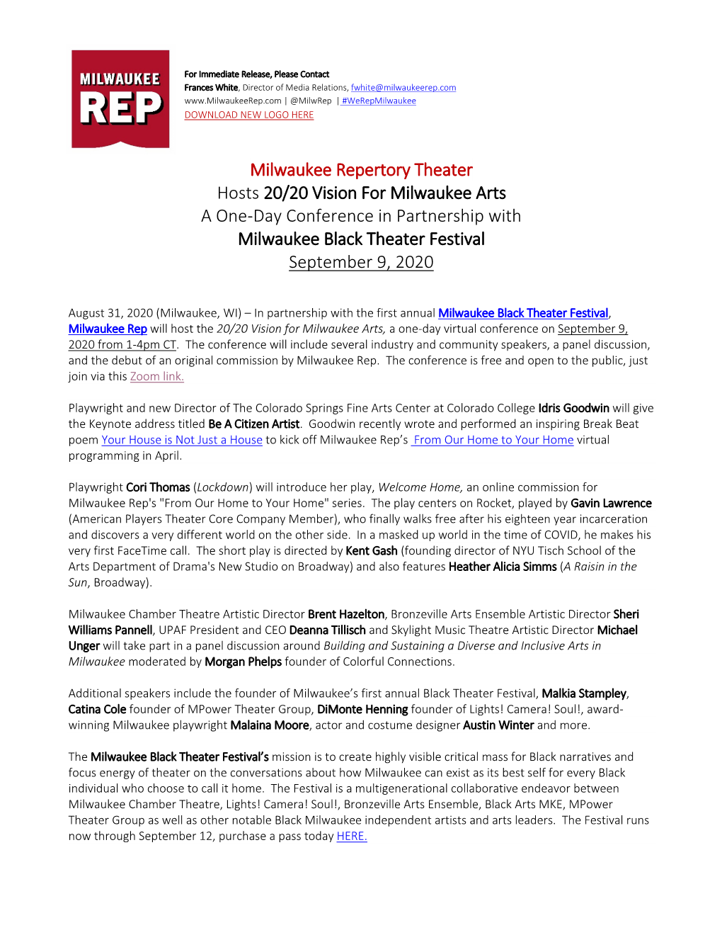 Milwaukee Repertory Theater Hosts 20/20 Vision for Milwaukee Arts a One-Day Conference in Partnership with Milwaukee Black Theater Festival September 9, 2020