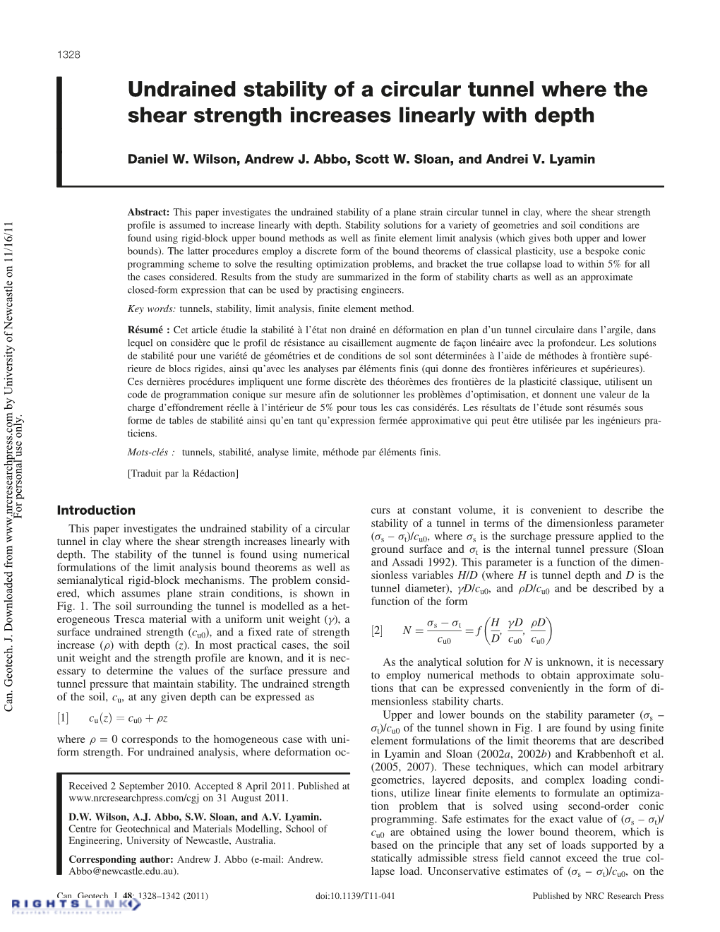 Undrained Stability of a Circular Tunnel Where the Shear Strength Increases Linearly with Depth