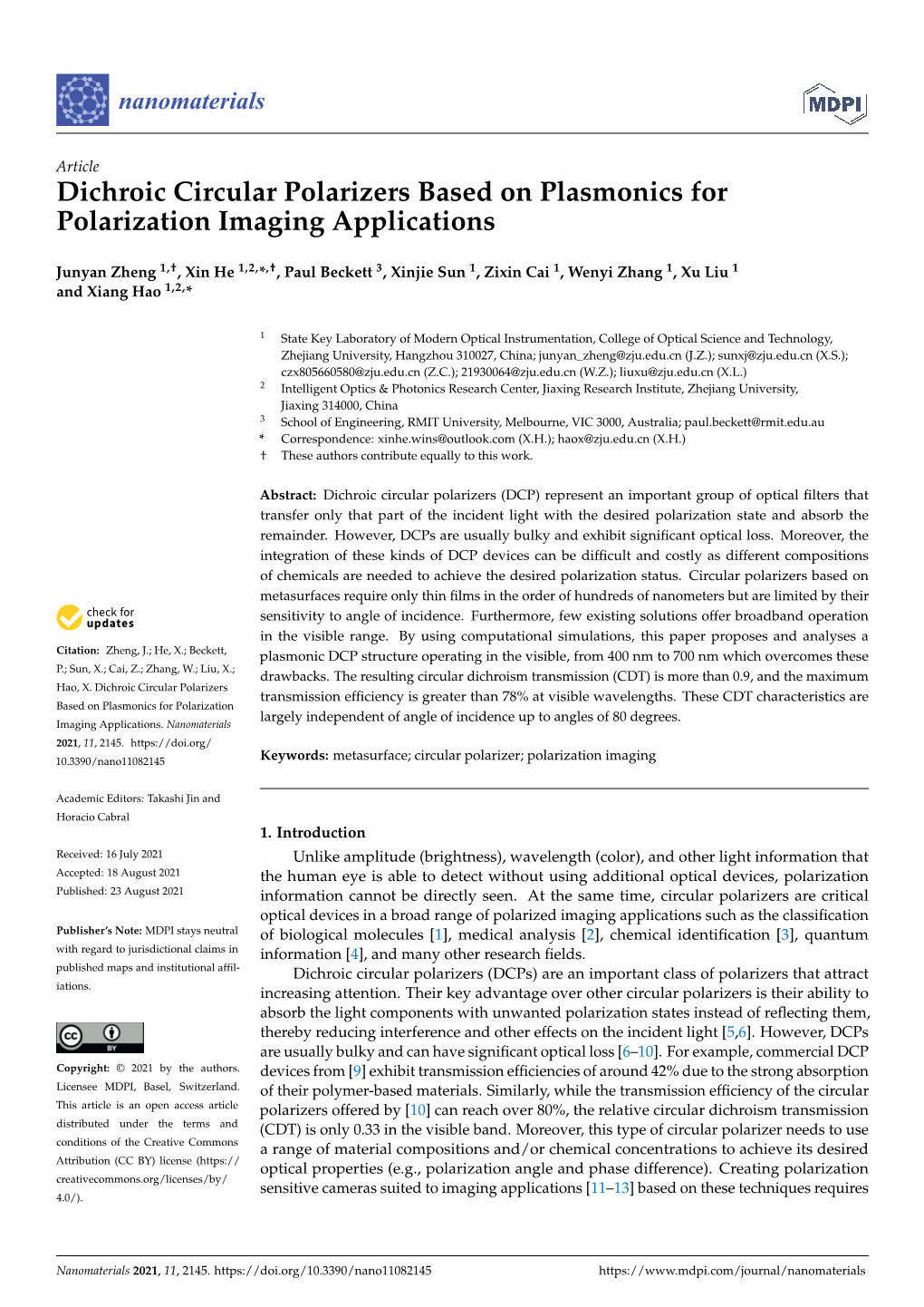 Dichroic Circular Polarizers Based on Plasmonics for Polarization Imaging Applications