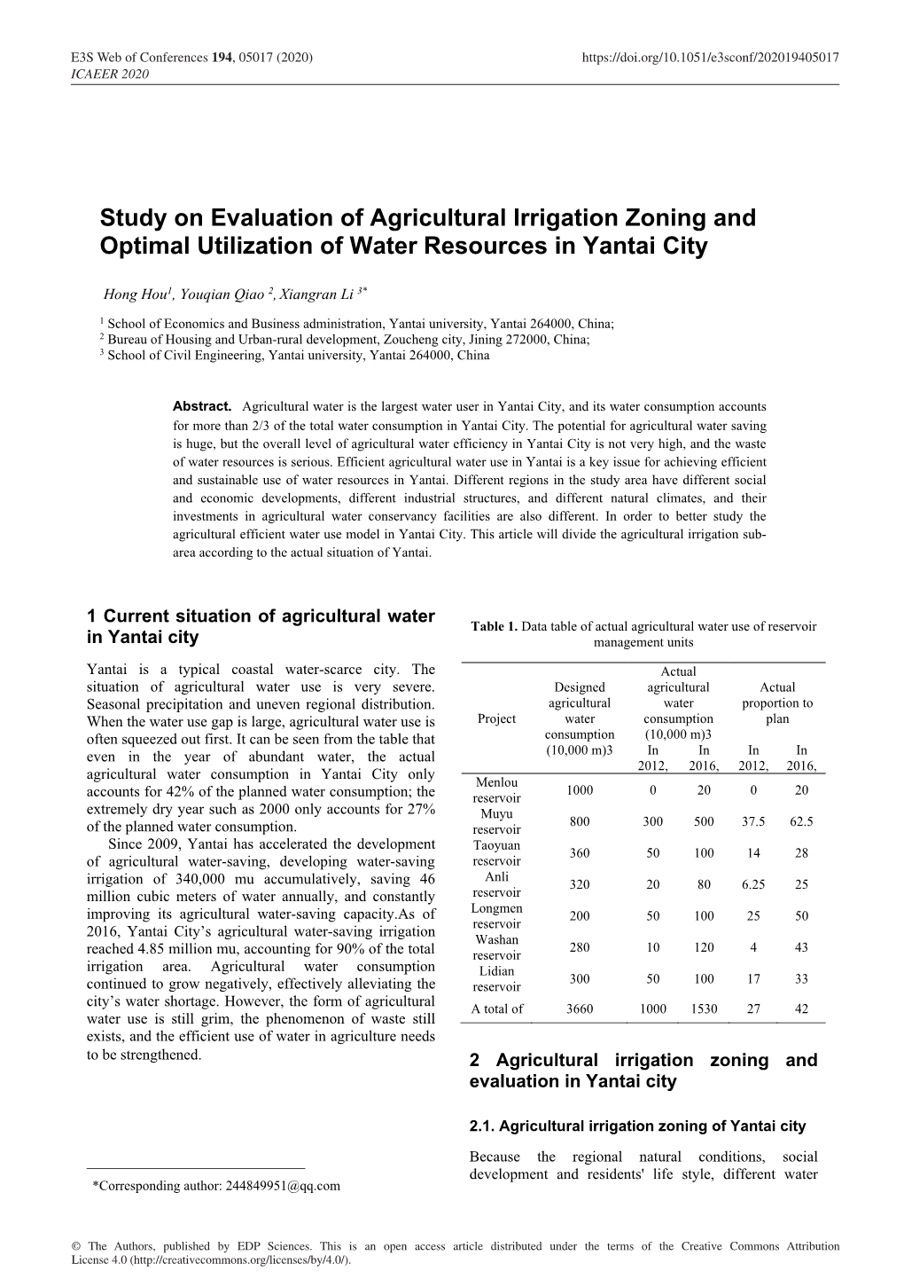 Study on Evaluation of Agricultural Irrigation Zoning and Optimal Utilization of Water Resources in Yantai City