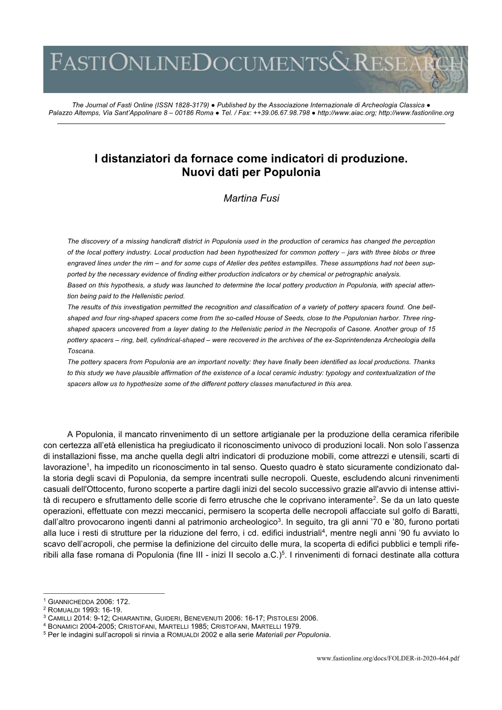 I Distanziatori Da Fornace Come Indicatori Di Produzione. Nuovi Dati Per Populonia