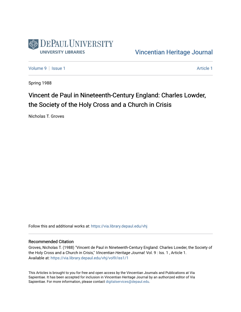 Vincent De Paul in Nineteenth-Century England: Charles Lowder, the Society of the Holy Cross and a Church in Crisis