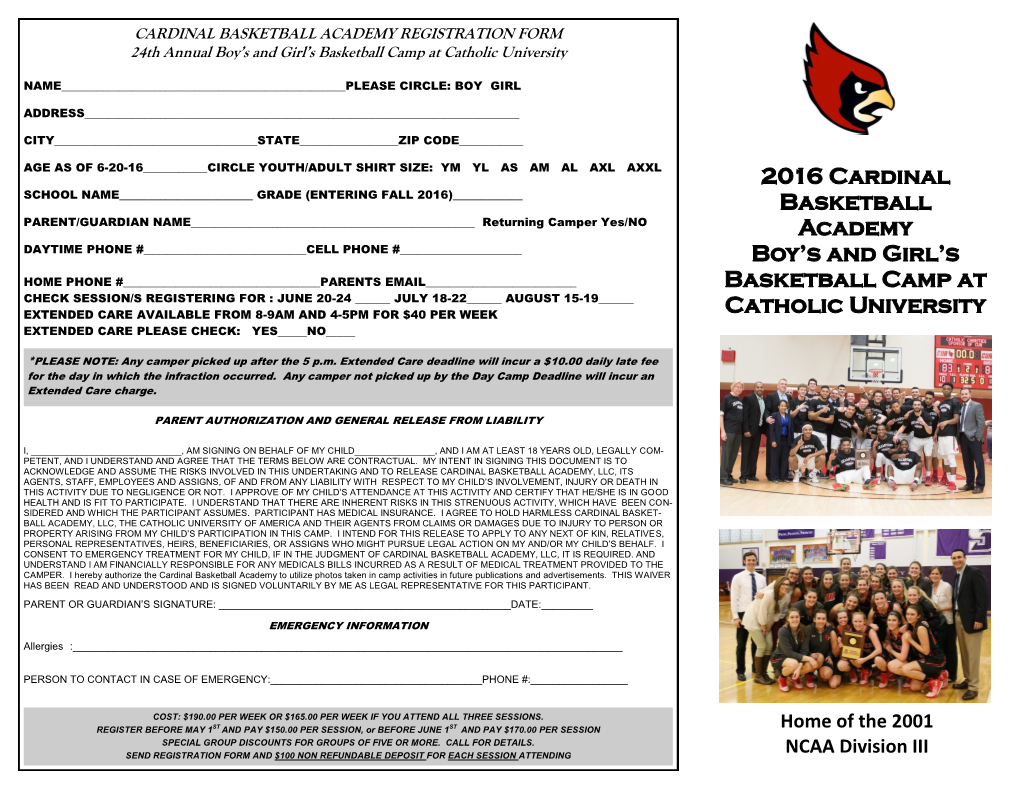 2016 Cardinal Basketball Academy Boy's and Girl's Basketball Camp At