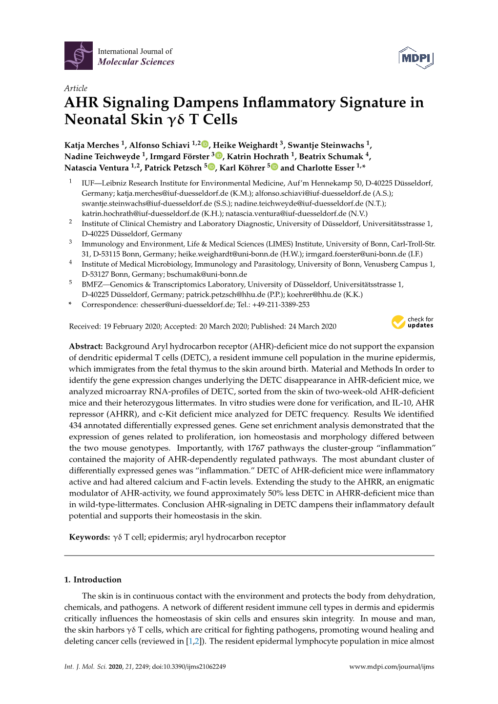 AHR Signaling Dampens Inflammatory Signature in Neonatal Skin Γδ T Cells