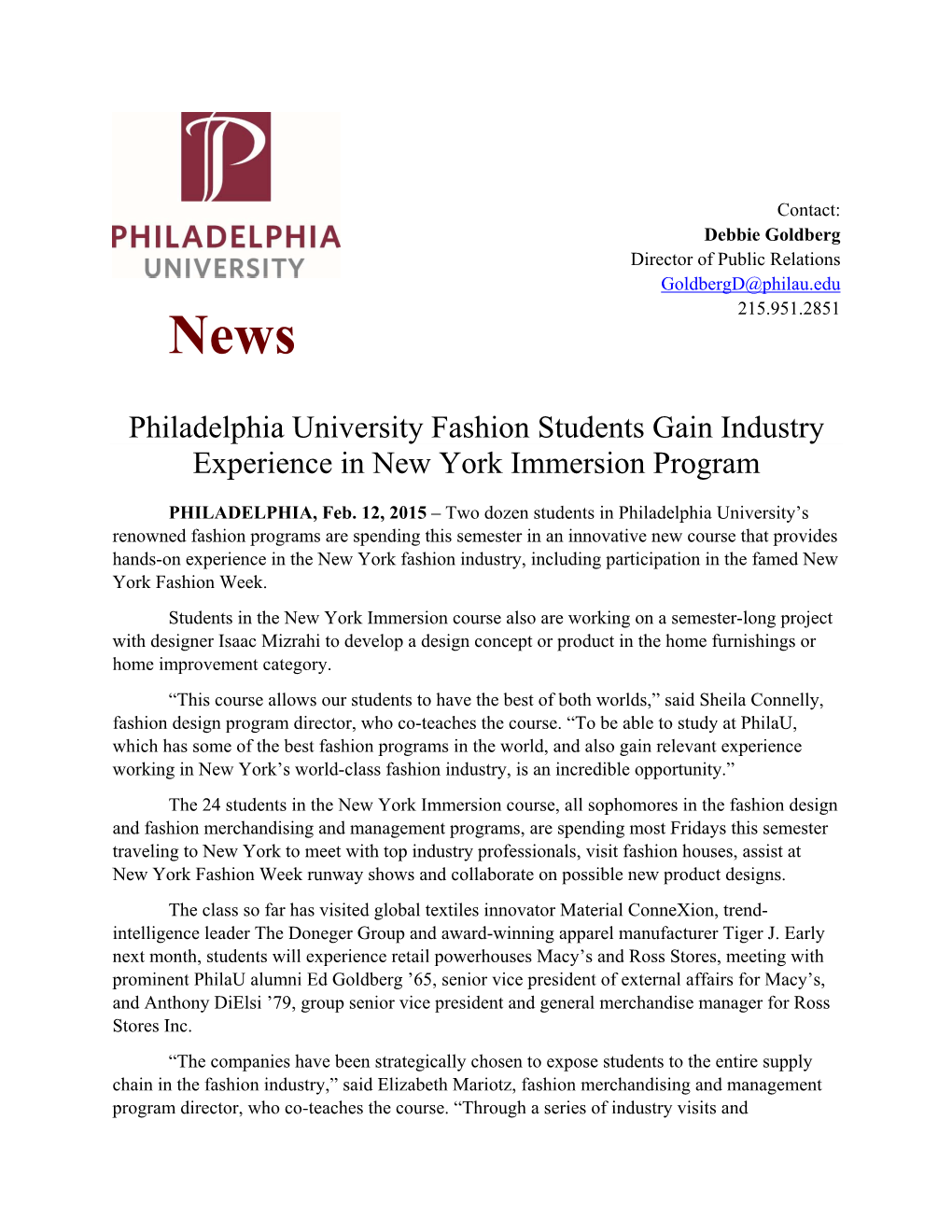 Philadelphia University Fashion Students Gain Industry Experience in New York Immersion Program