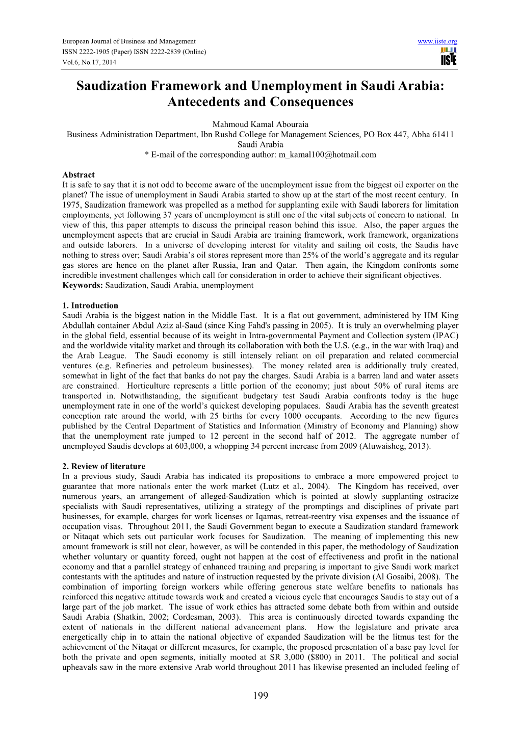 Saudization Framework and Unemployment in Saudi Arabia: Antecedents and Consequences