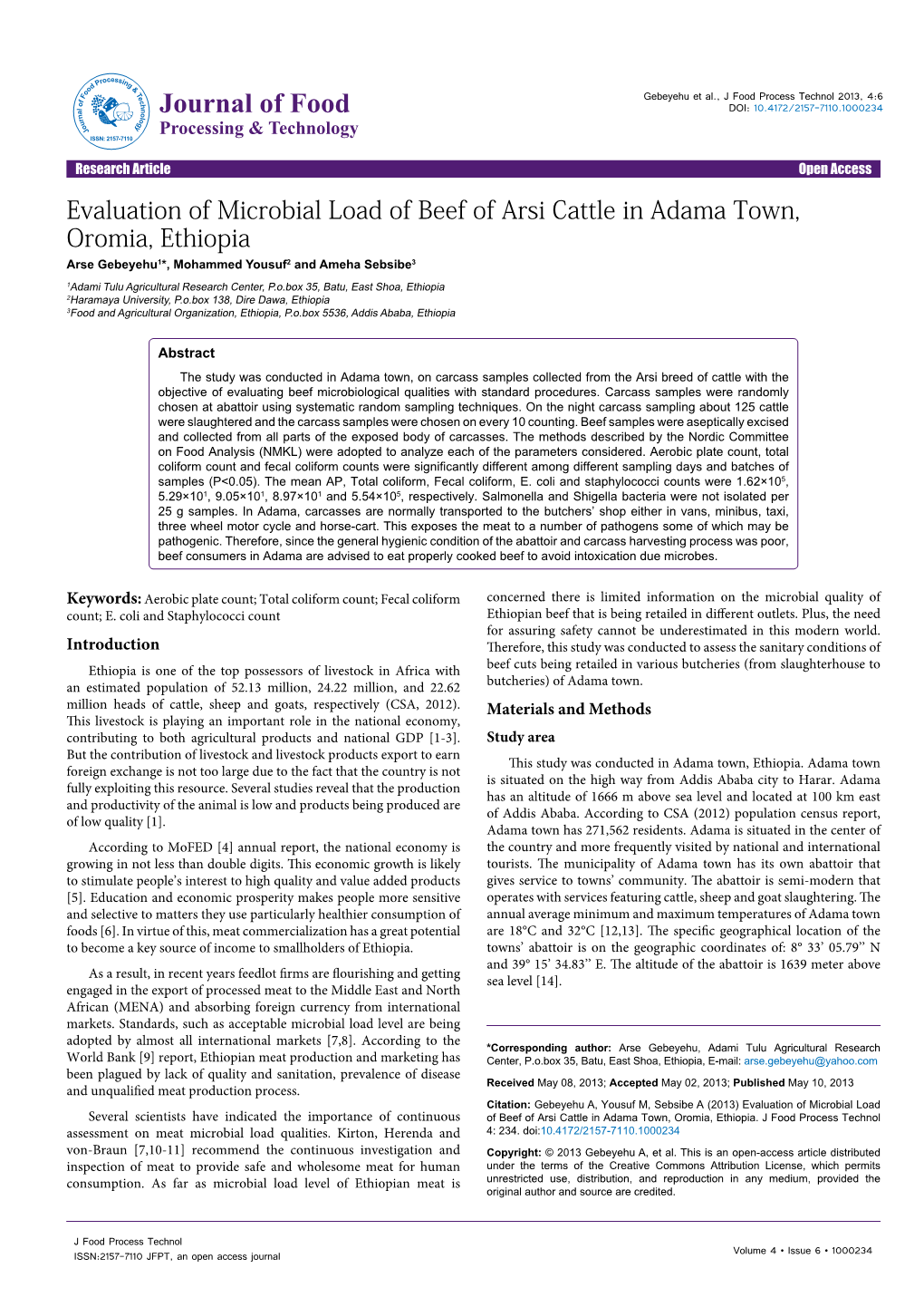 Evaluation of Microbial Load of Beef of Arsi Cattle in Adama Town, Oromia, Ethiopia