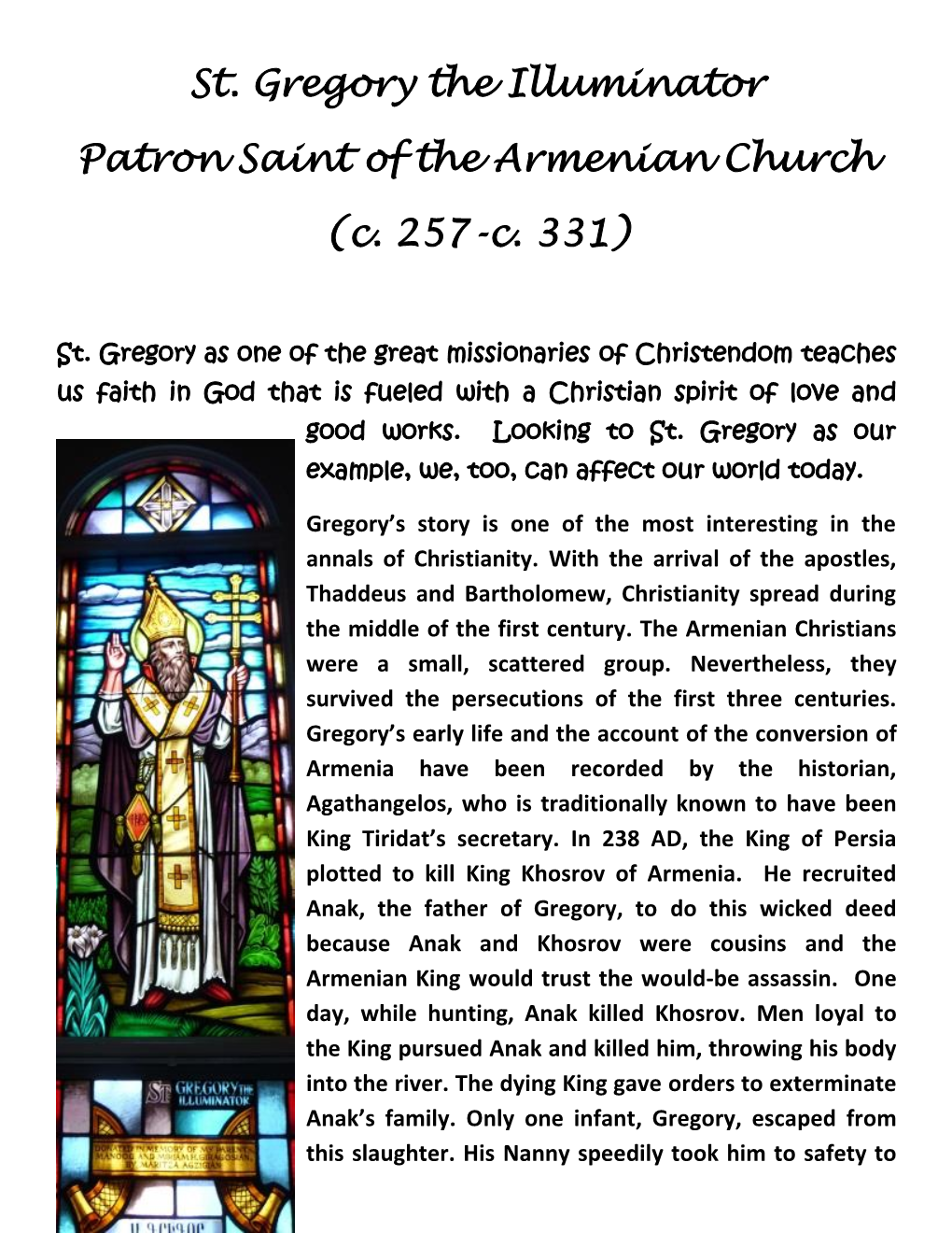 St. Gregory the Illuminator Patron Saint of the Armenian Church