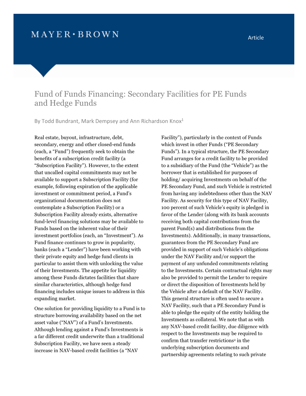 Fund of Funds Financing: Secondary Facilities for PE Funds and Hedge Funds