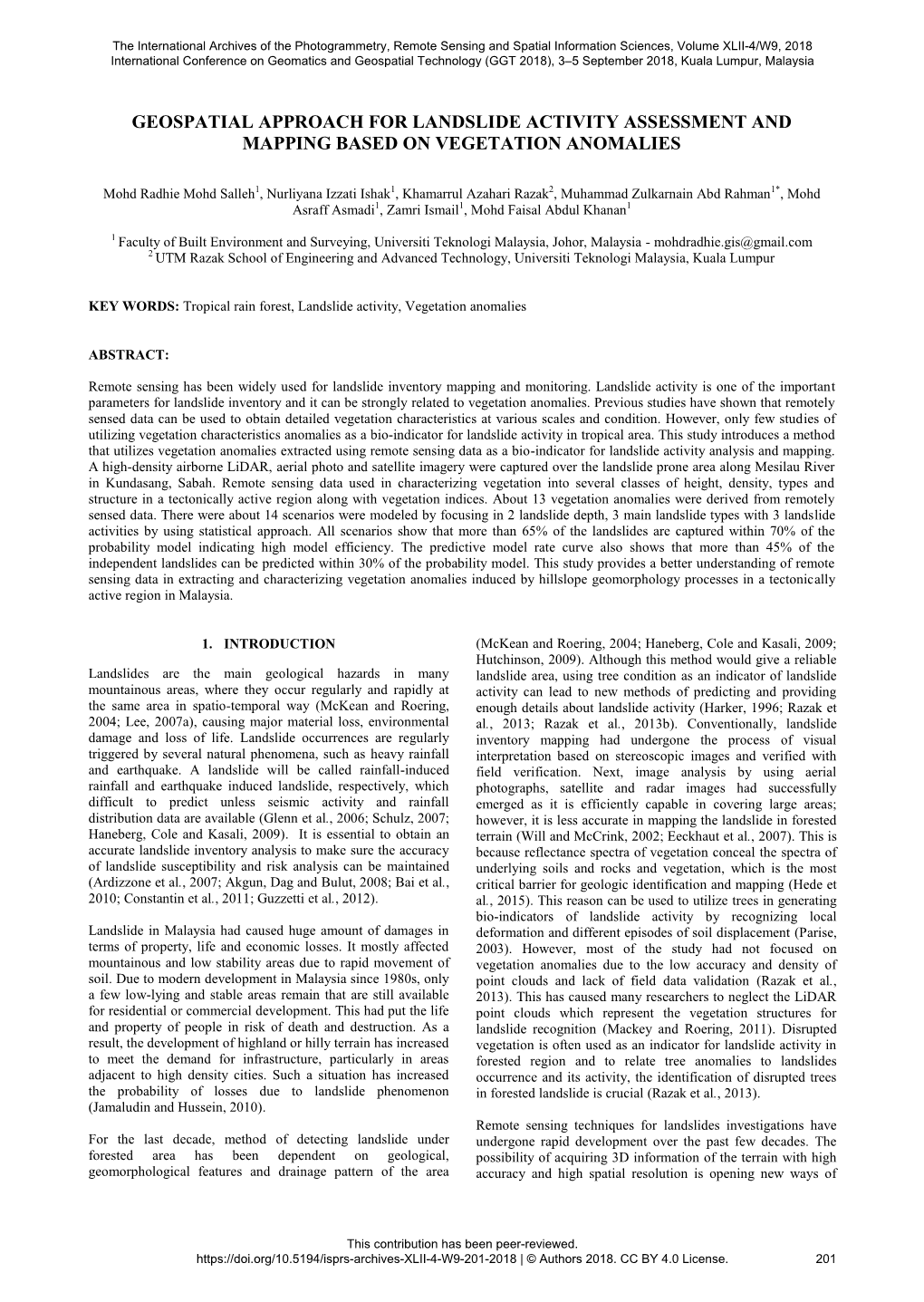 Geospatial Approach for Landslide Activity Assessment and Mapping Based on Vegetation Anomalies