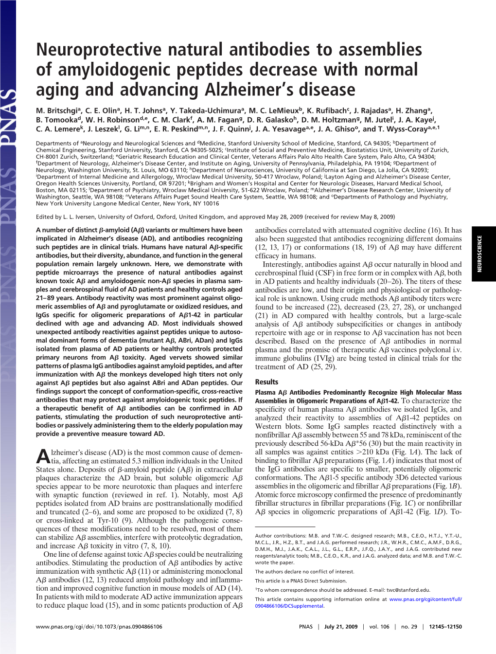 Neuroprotective Natural Antibodies to Assemblies of Amyloidogenic Peptides Decrease with Normal Aging and Advancing Alzheimer’S Disease