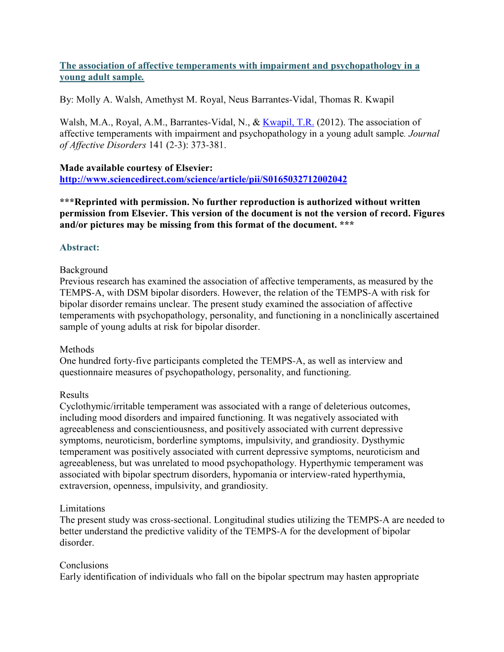 The Association of Affective Temperaments with Impairment and Psychopathology in a Young Adult Sample