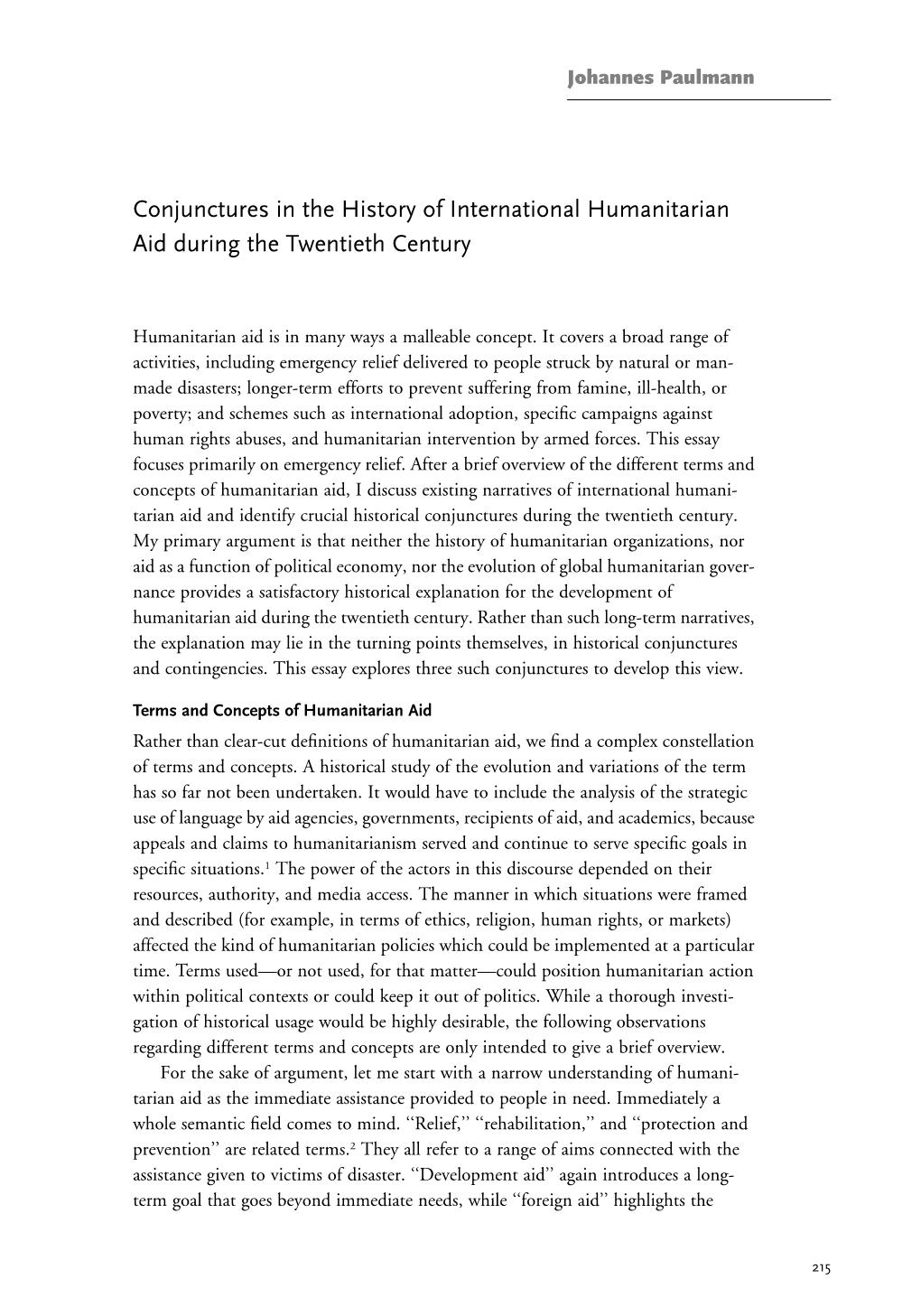 Conjunctures in the History of International Humanitarian Aid During the Twentieth Century