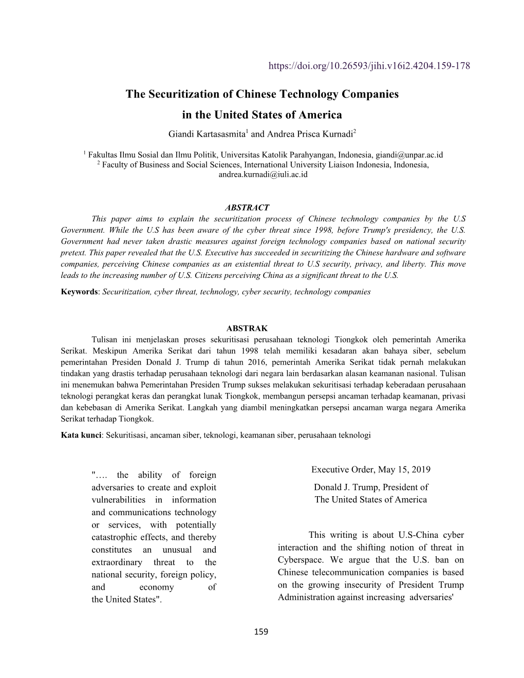 The Securitization of Chinese Technology Companies in the United States of America Giandi Kartasasmita1 and Andrea Prisca Kurnadi2