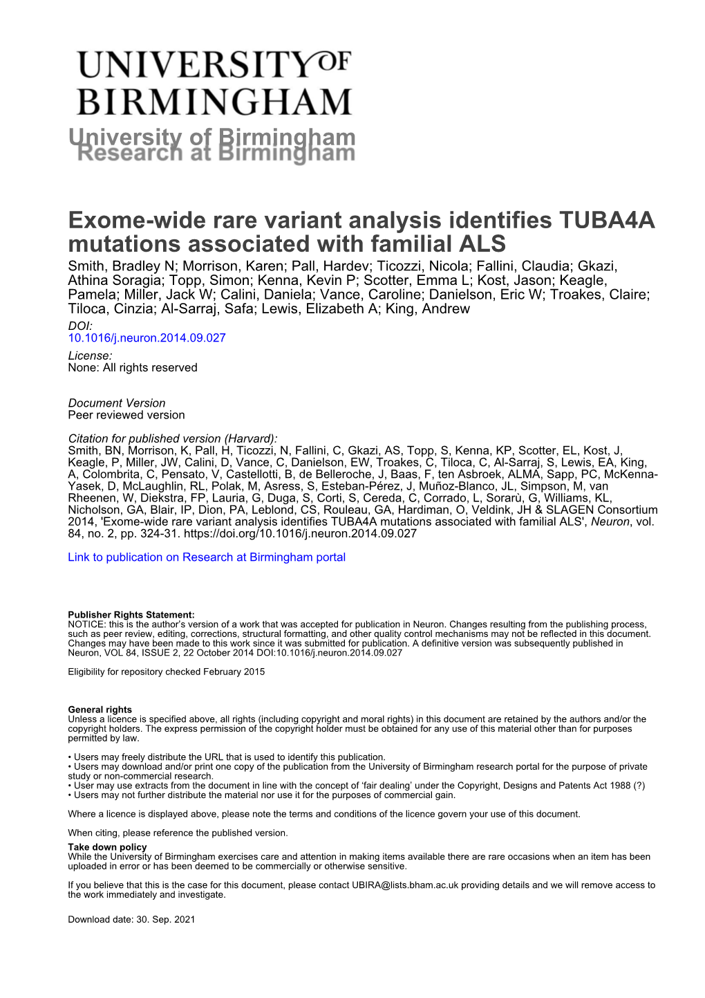 University of Birmingham Exome-Wide Rare Variant Analysis