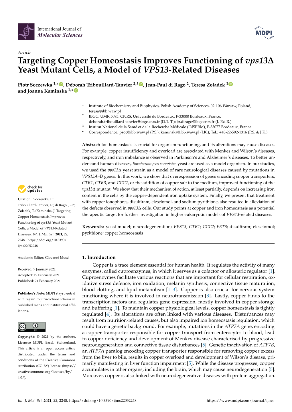 Targeting Copper Homeostasis Improves Functioning of Vps13∆ Yeast Mutant Cells, a Model of VPS13-Related Diseases